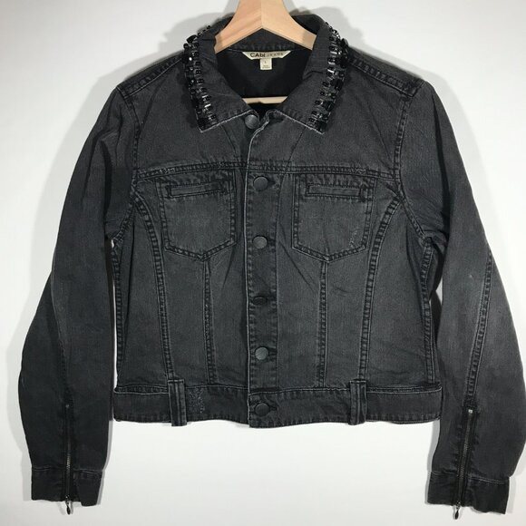 Cabi Jeans Women's Large Black Distressed Cropped Button Up Long Sleeve Jacket - Picture 1 of 14